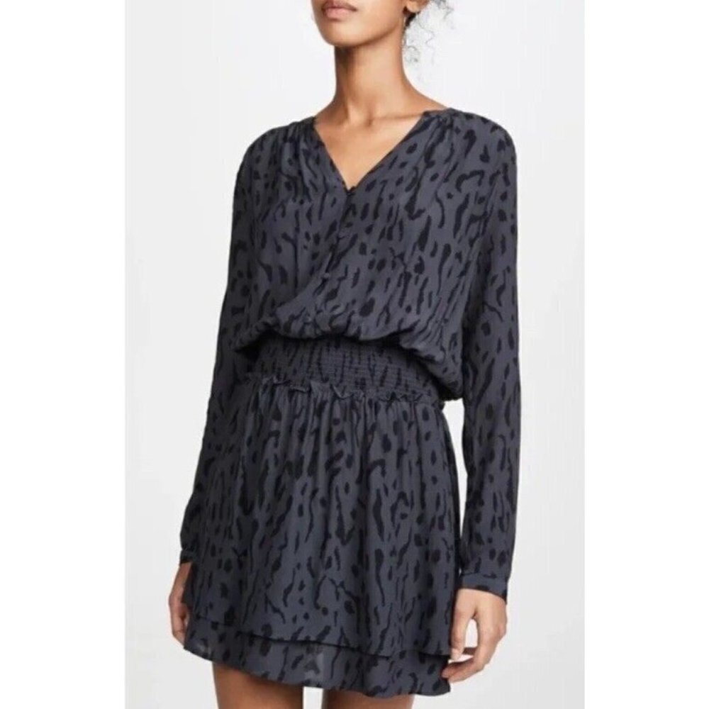 Rails Blue Black Jasmine Ash Cheetah‎ Print Long Sleeve V-neck Mini Dress L